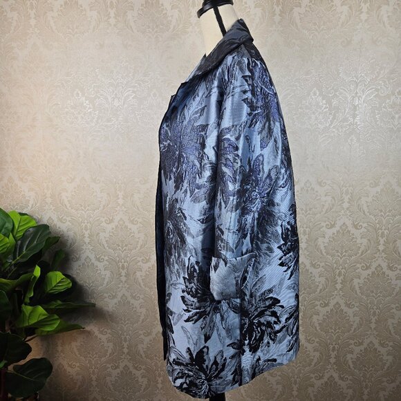 Chico’s Size 2 (12/14) Blue Jacquard Metallic Open Front Long Jacket Rolled Cuff - Picture 5 of 13